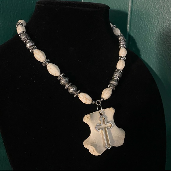 SOLD - Real Deer Bone Beaded Stone Cross Necklace - Picture 5 of 13